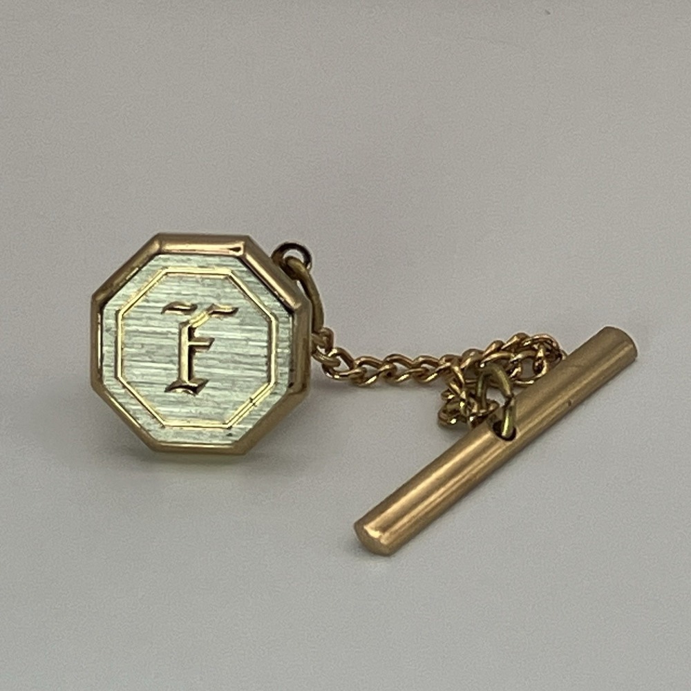 Vtg Initial F Tie Tack Monogram Tie Pin Chain Two Tone Old Money Estate Heritage - Picture 4 of 5